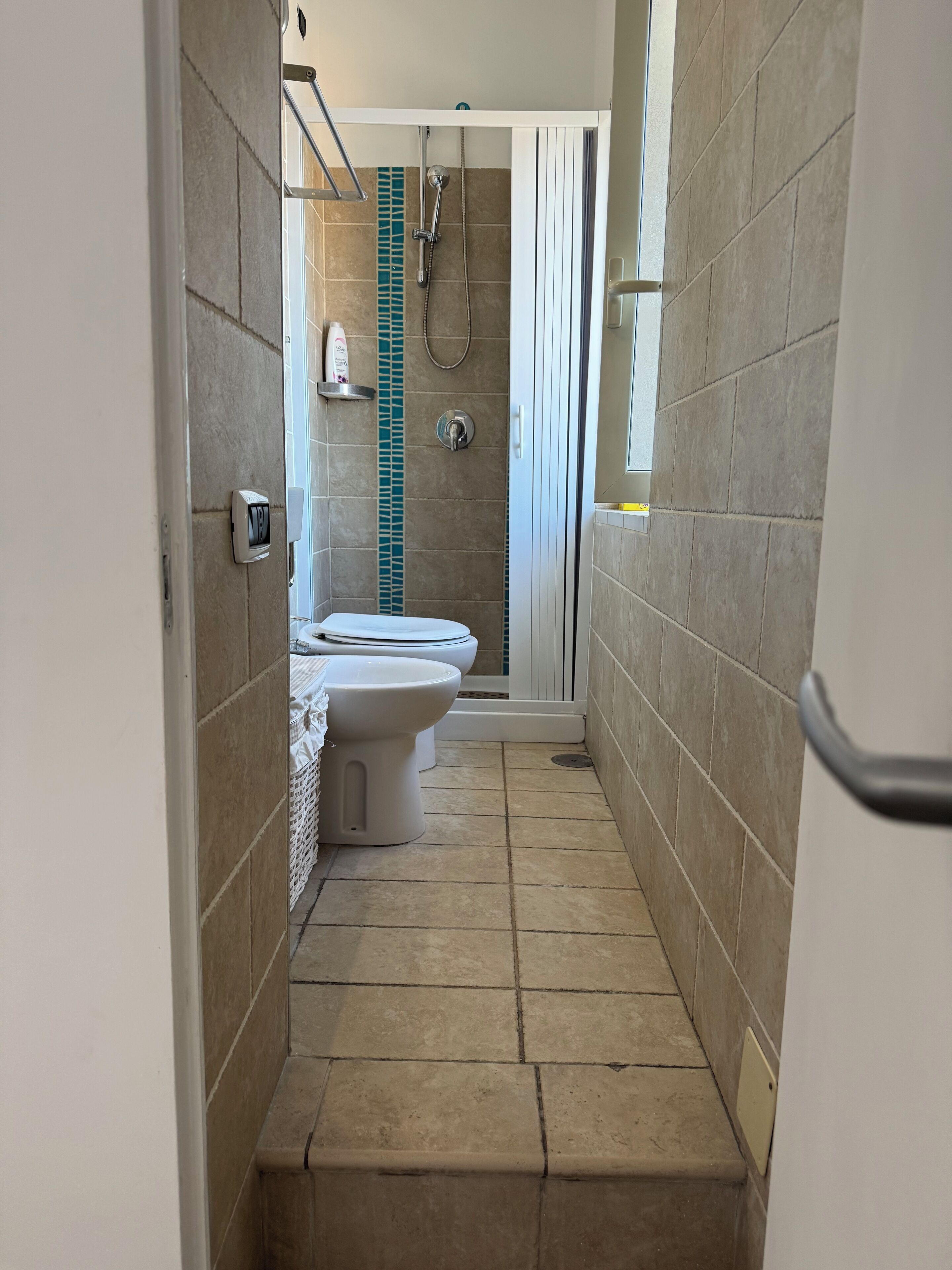 A narrow bathroom with a toilet, a shower area, and a sink.