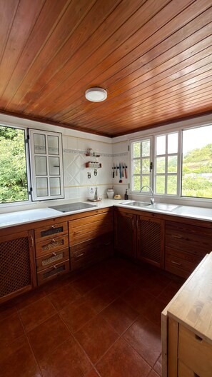 A kitchen with wooden cabinets, a countertop, a sink, and a window with a view of greenery.