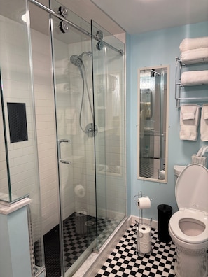 Sèche-cheveux, serviettes fournies, savon, papier toilette