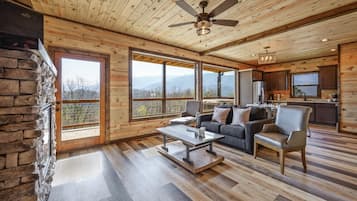 Televisie, een open haard, een tafeltennistafel en boeken