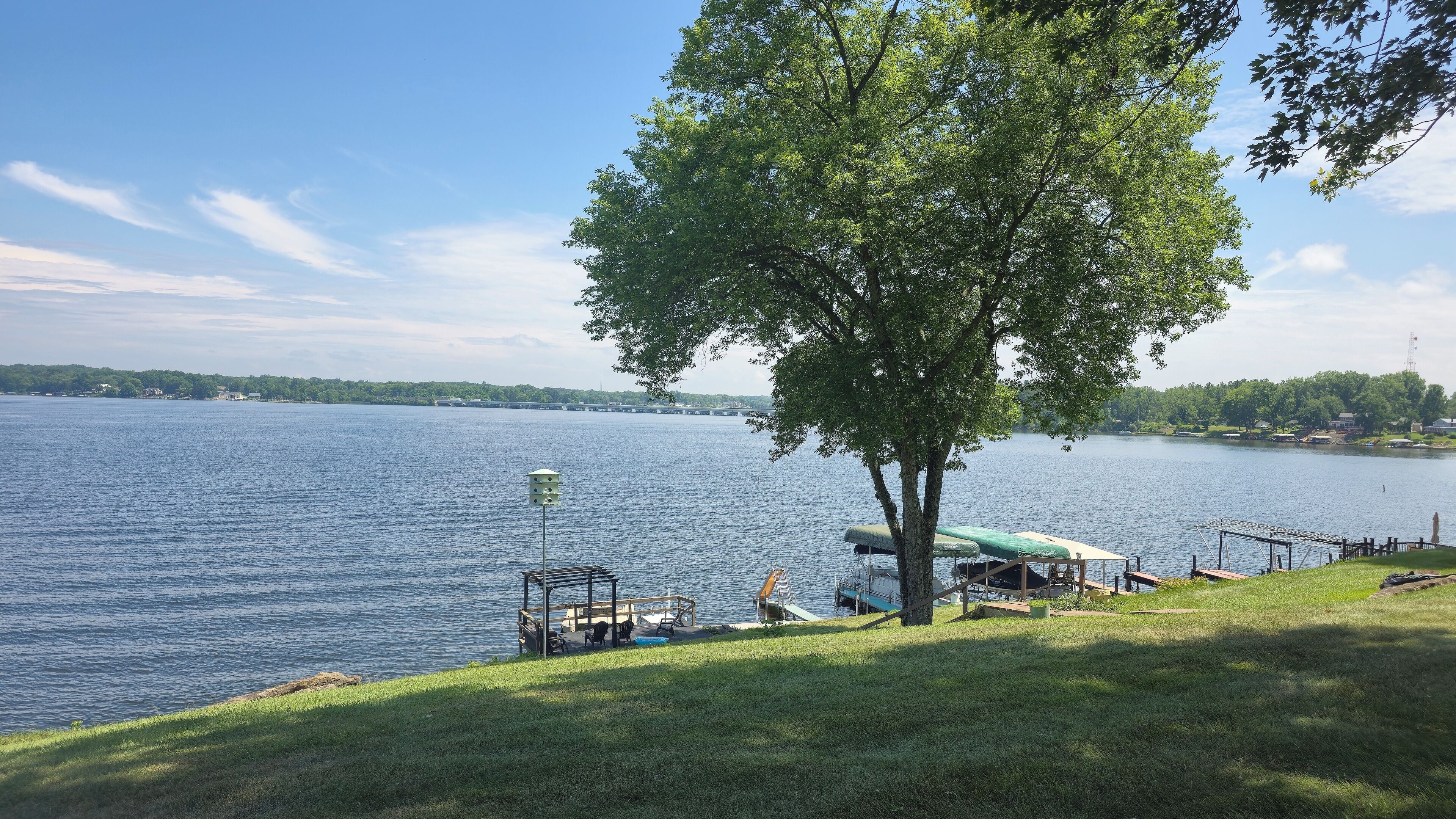 Guests have access to a dock, sliding board, deck, life jackets and two kayaks. 