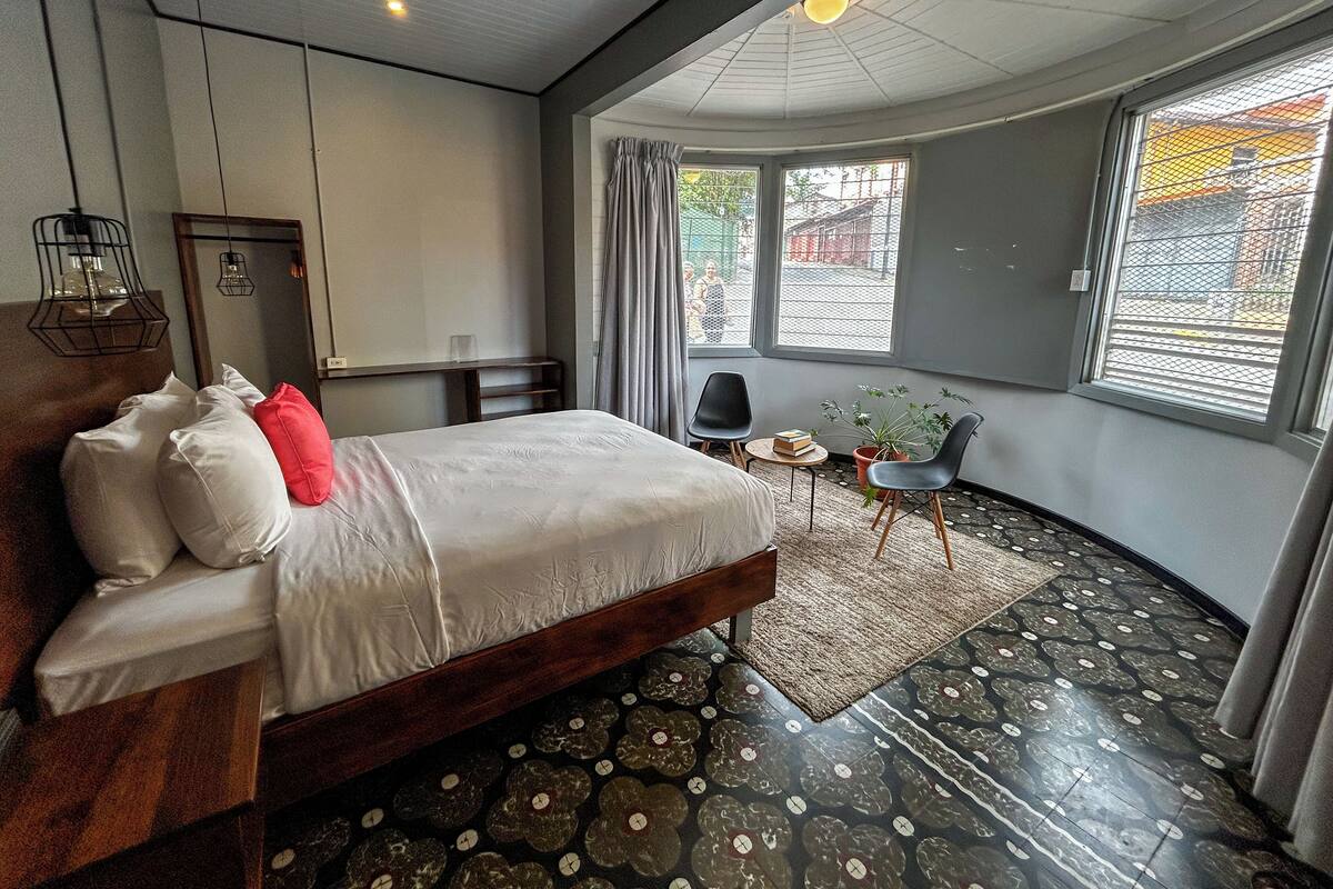 Un dormitorio moderno con una cama grande, una mesita pequeña, dos sillas y una planta en maceta.