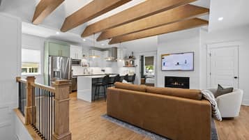 Smart TV, fireplace, books