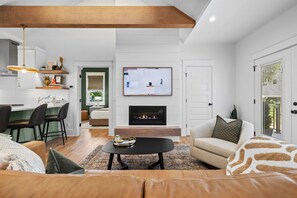 Smart TV, fireplace, books