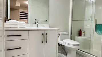 Shower, hair dryer, towels, soap