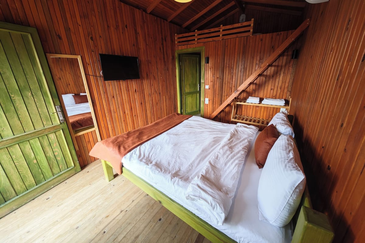 Una habitación de madera con una cama, un televisor y una puerta verde.