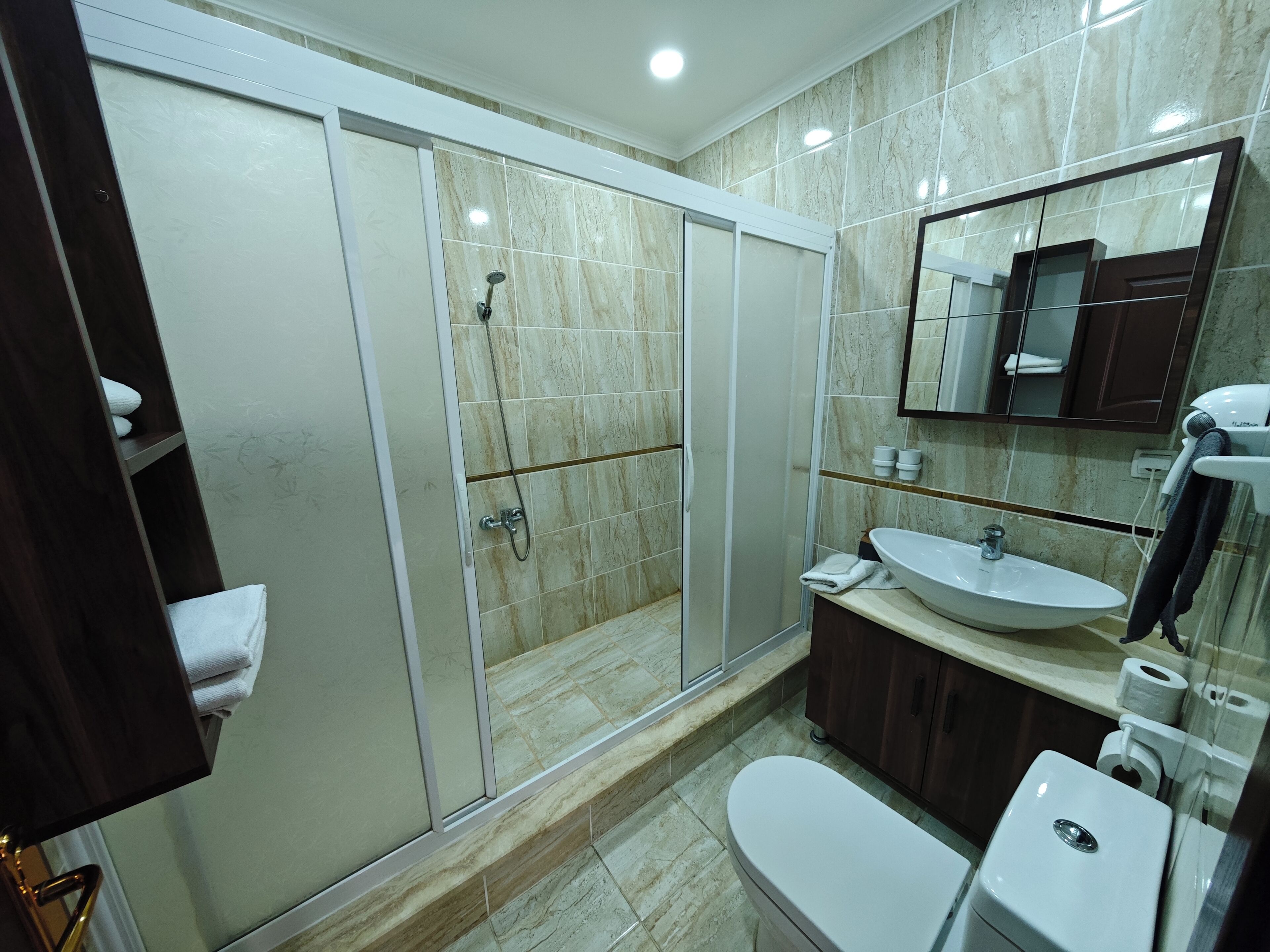 A modern bathroom with a glass-enclosed shower, a sink, a toilet, and a mirror.