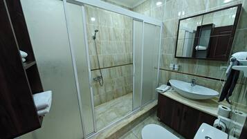 A modern bathroom with a glass-enclosed shower, a sink, a toilet, and a mirror.