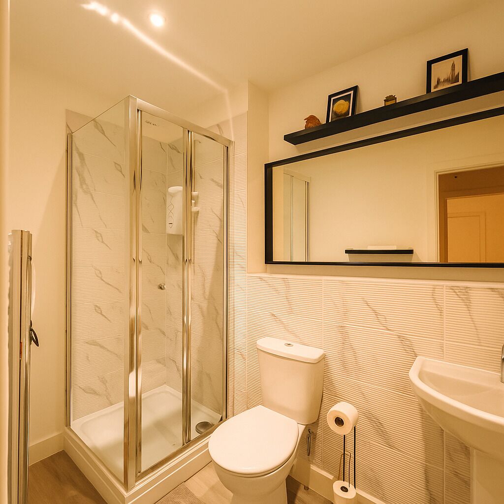 Shower, towels, soap, toilet paper