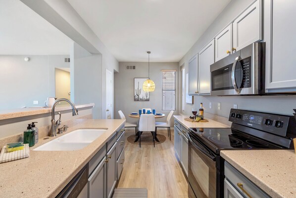 Fridge, microwave, oven, dishwasher