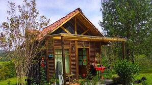 A rustic log cabin with a wooden porch, surrounded by a garden with various plants and flowers.