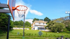 Een basketbalveld met een ring, een groene speeloppervlak en een gebouw op de achtergrond.