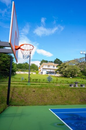 A basketball court with a hoop, green playing surface, and a building in the background. - 3-bedroom building in gorgeous Heredia with AC and fitness room - Third Floor (Heredia)