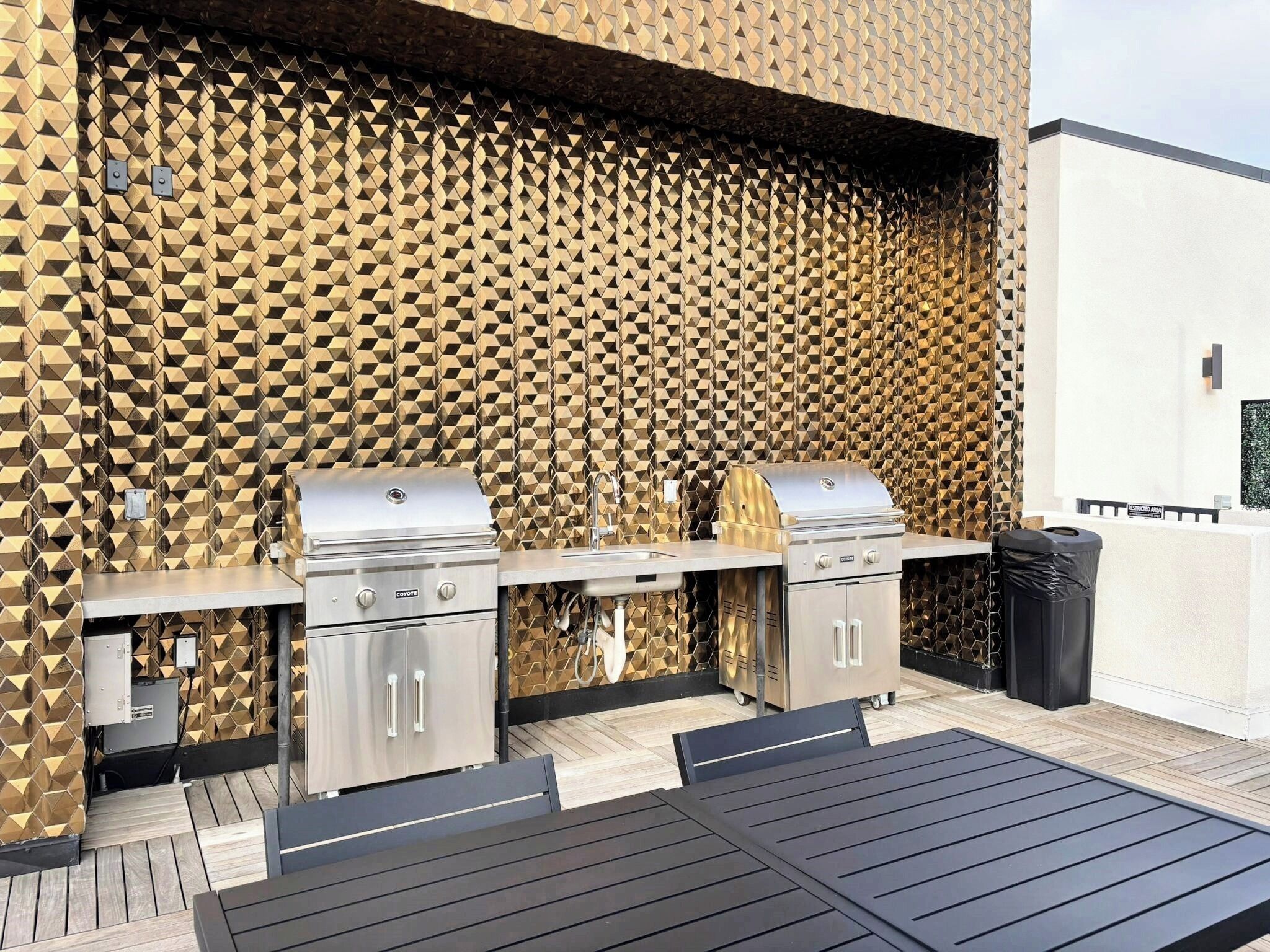 Ein Grillbereich im Freien mit zwei Grills, einem Spülbecken und einem Mülleimer.