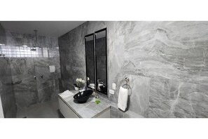 Hair dryer, towels, soap, toilet paper