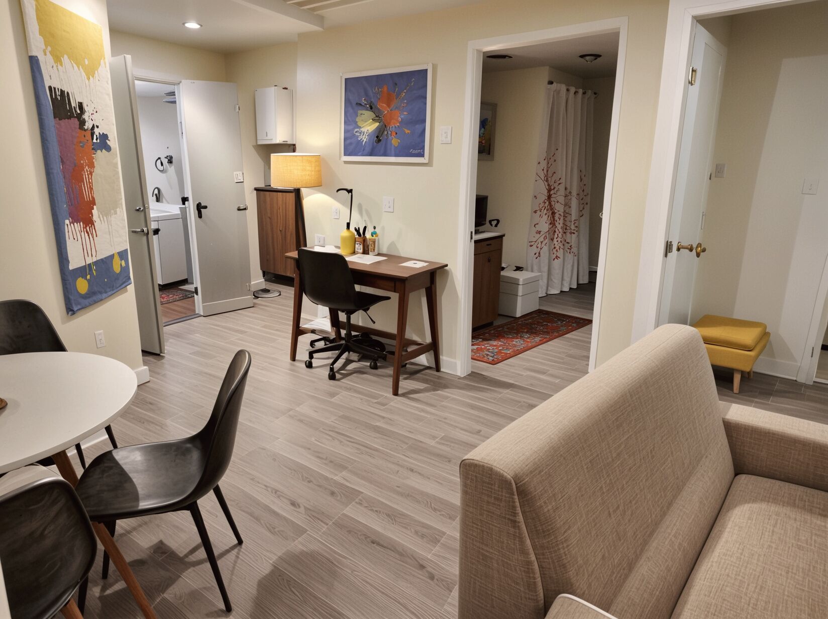 A modern living room with a dining area, a kitchen in the background, and a bathroom visible through an open door.