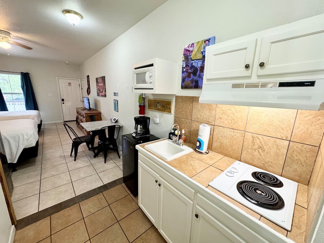 Microwave, stovetop, coffee/tea maker, toaster