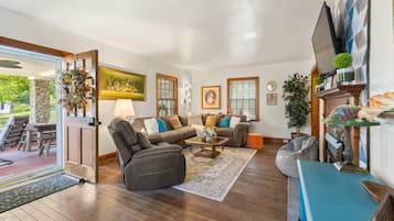 Smart TV, fireplace, books, music library