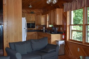 A cozy cabin interior with a wooden interior, a kitchenette, a gray sofa, and a window with a view of greenery. - 4 bedrooms and loft sleeps 12 with view  pool table 2 levels of decks and hot tub (Sevierville)