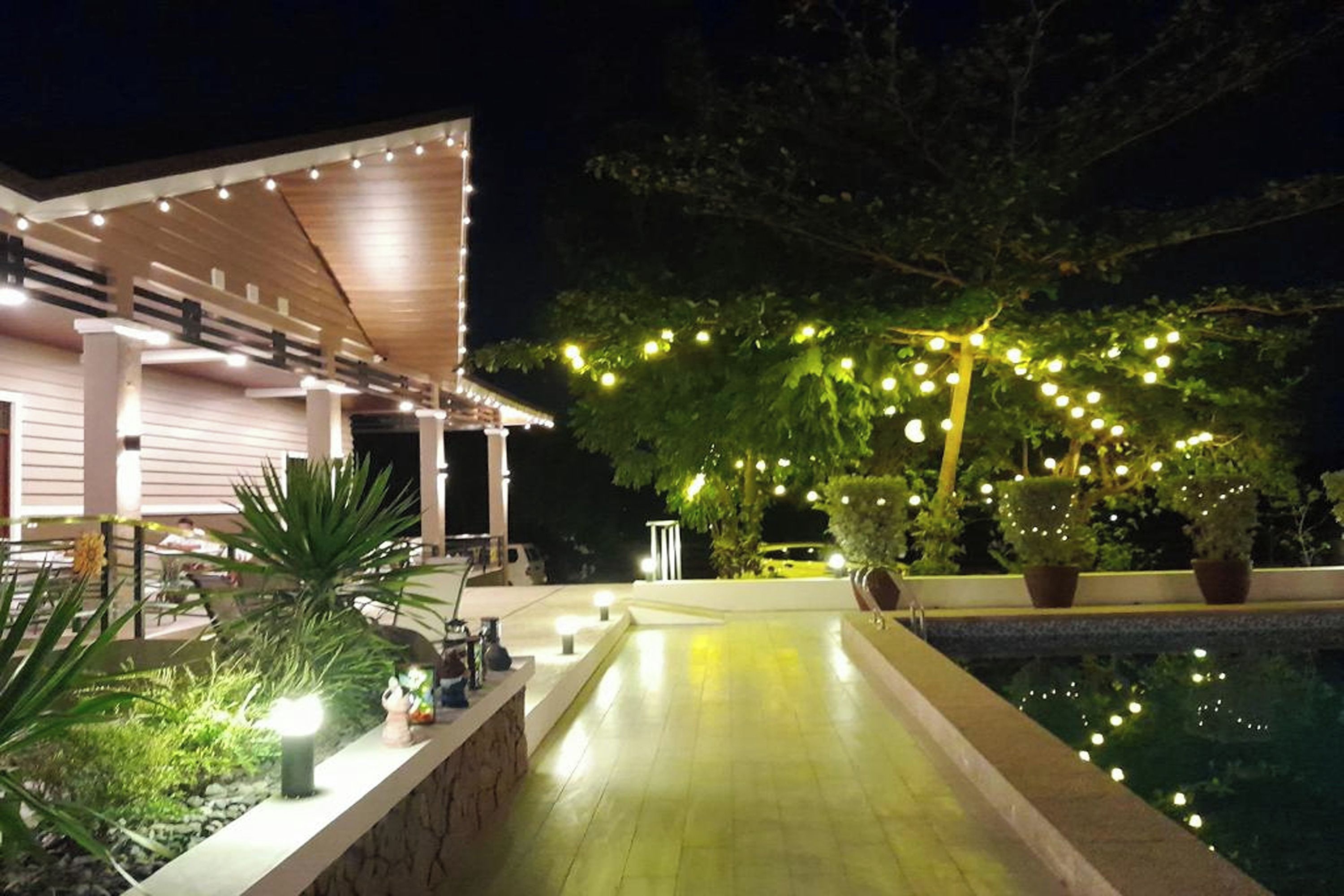 An outdoor pool area with a wooden deck, potted plants, and string lights.
