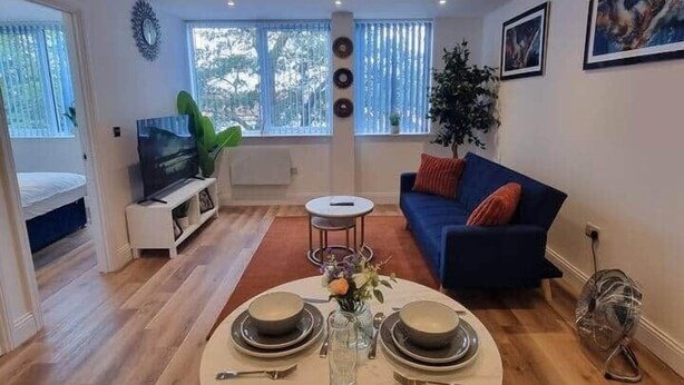 A modern living room with a dining area, a sofa, a TV, and a plant.
