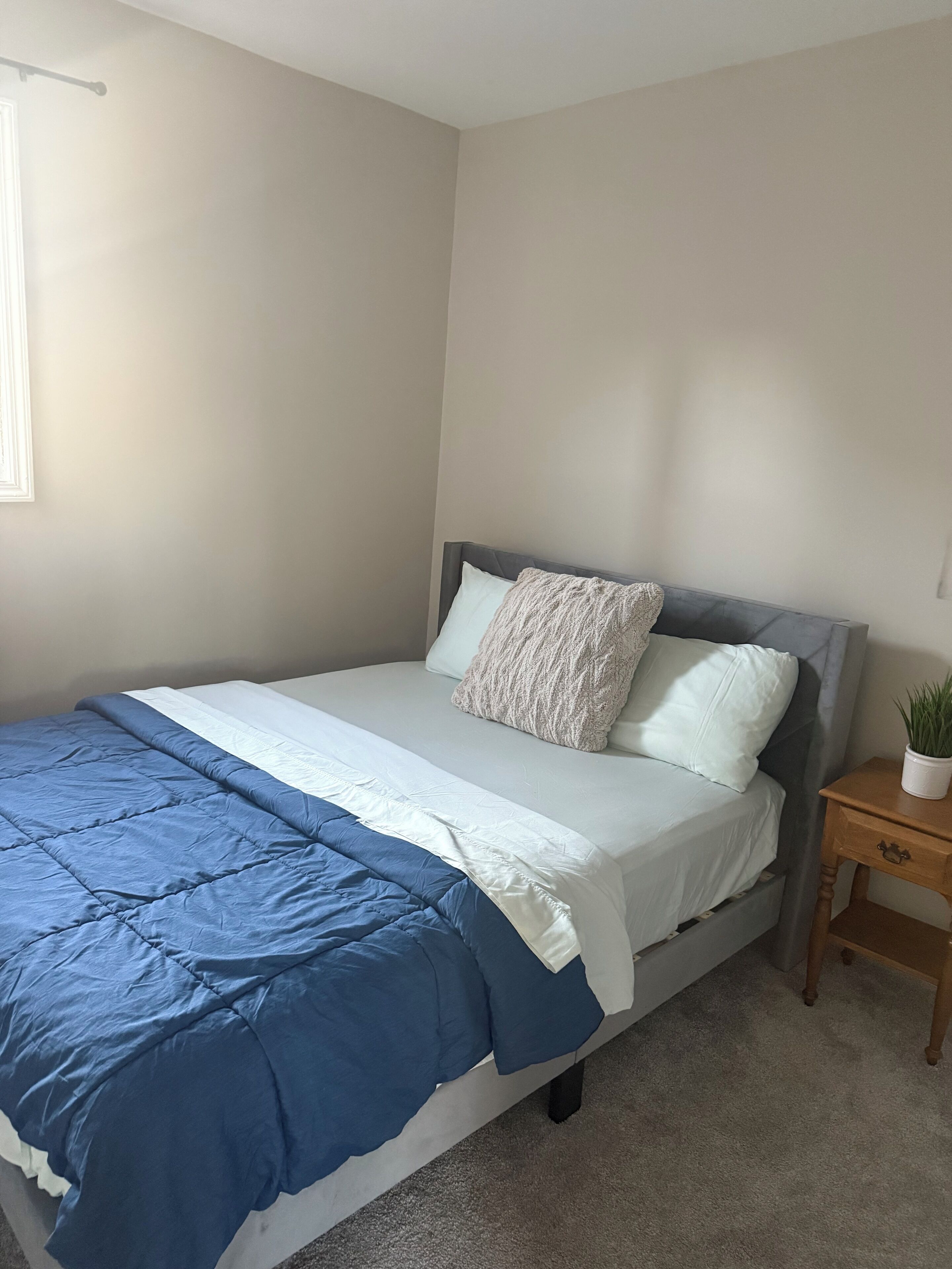 Un dormitorio con cama, una mesita de noche y una planta en maceta.