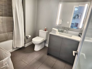 Hair dryer, towels, soap, shampoo