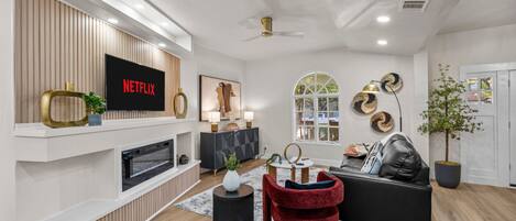 Smart TV, fireplace, books