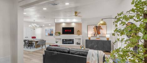 Smart TV, fireplace, books