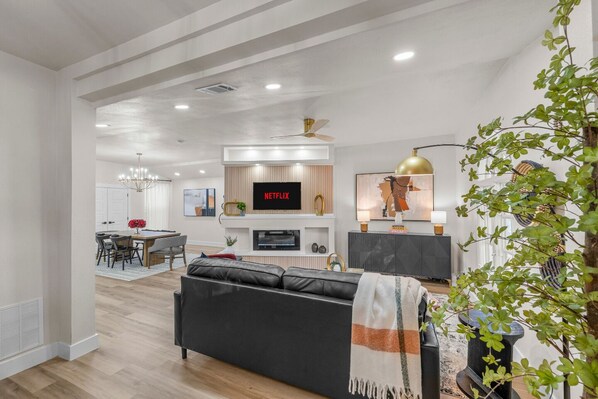 Smart TV, fireplace, books