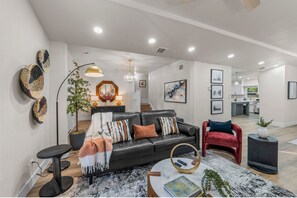 Smart TV, fireplace, books