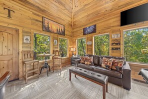 Smart TV, fireplace, table football, books