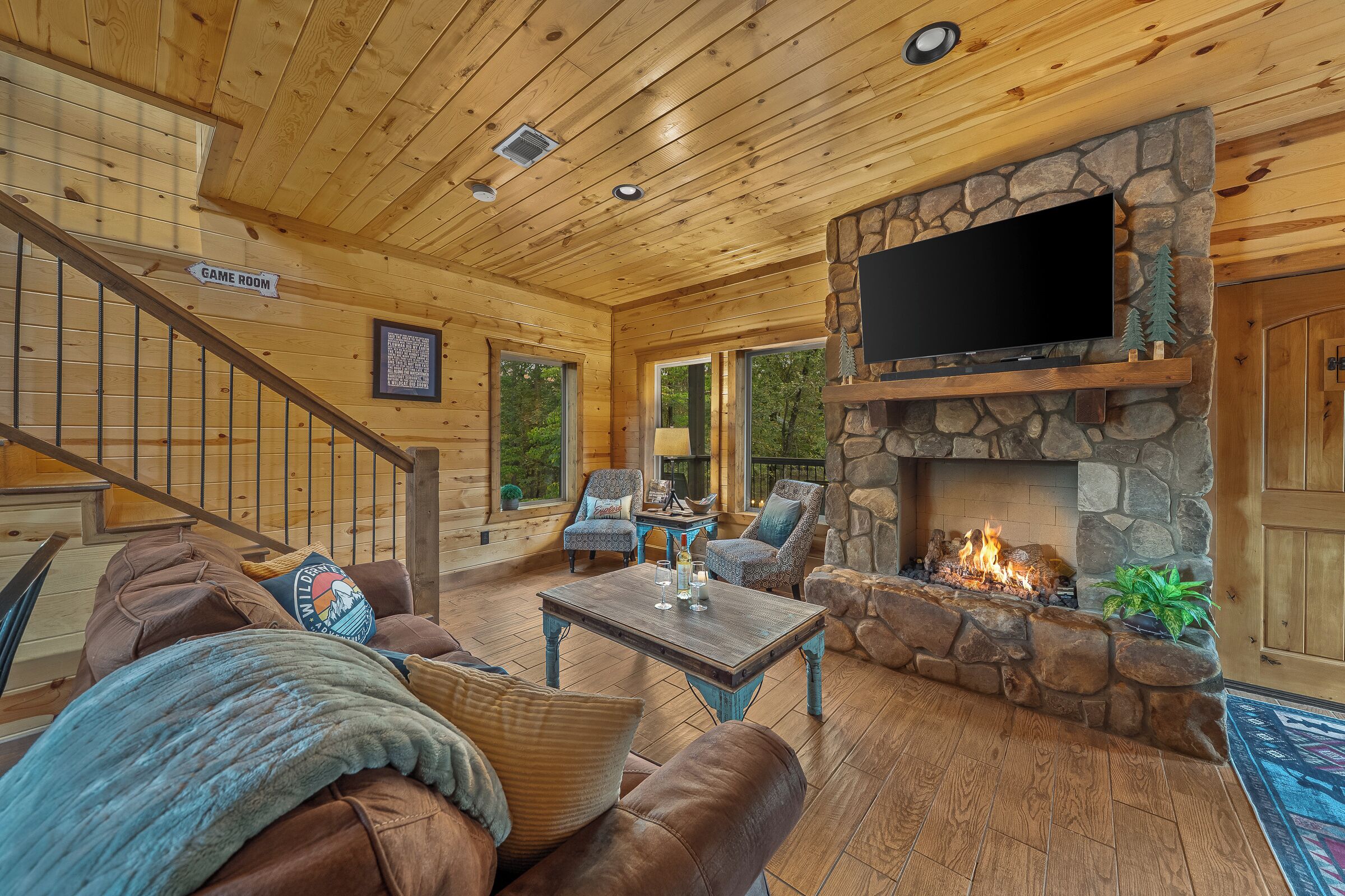 Smart TV, fireplace, table football, books