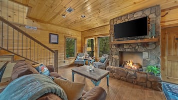 Smart TV, fireplace, foosball, books