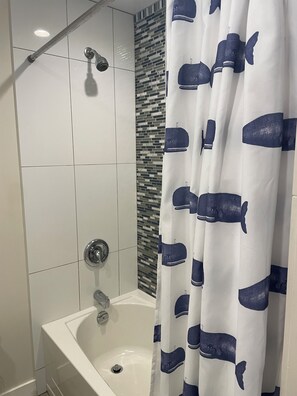 Hair dryer, towels, soap, shampoo