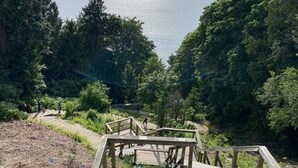 A wooden staircase leading down to a forested area with a view of a large body of water and distant city skyline.