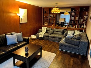 Smart TV, fireplace, books, music library