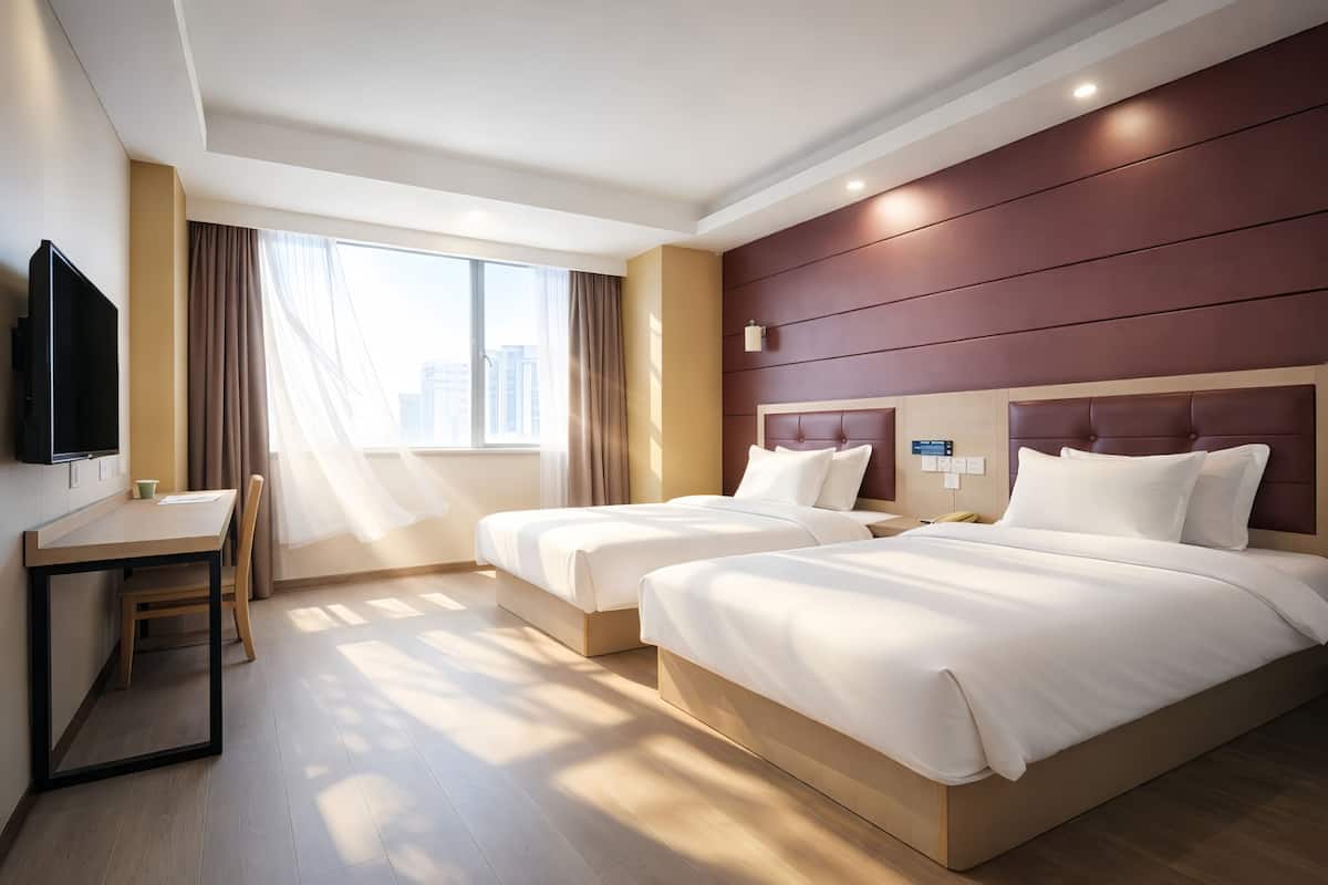 Habitación de hotel con dos camas, un escritorio, televisión y un amplio ventanal con cortinas.