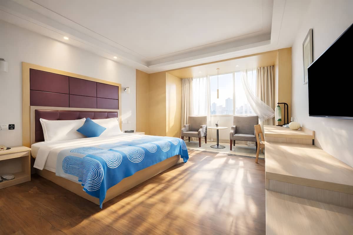 Una habitación de hotel moderna con una cama grande, un escritorio, una silla y un televisor.