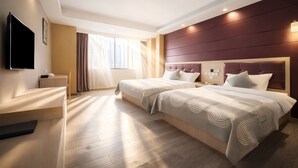 Een hotelkamer met twee bedden, een televisie, een nachtkastje en een groot raam met gordijnen.