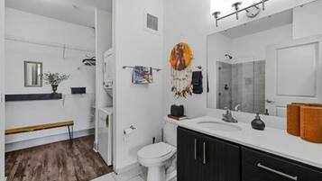 Hair dryer, towels, soap, toilet paper