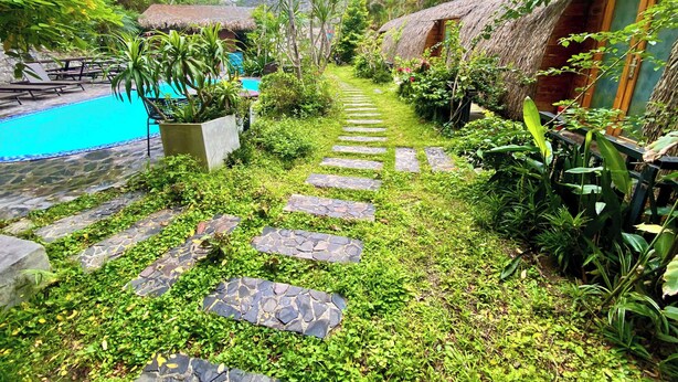A pathway leading to a pool surrounded by lush greenery and thatched-roof structures. - Backpackers (Hai Phong)