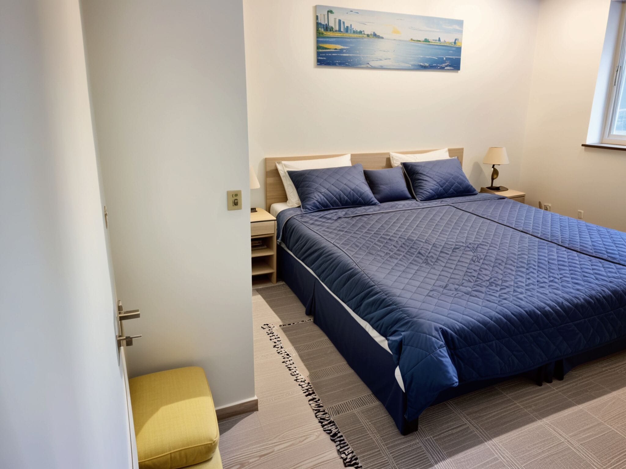 A bedroom with a large bed, a nightstand, a bedside table, a lamp, a small stool, and a painting on the wall.