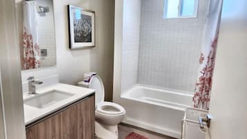 Hair dryer, towels, soap, shampoo