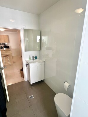 Shower, hair dryer, towels, soap