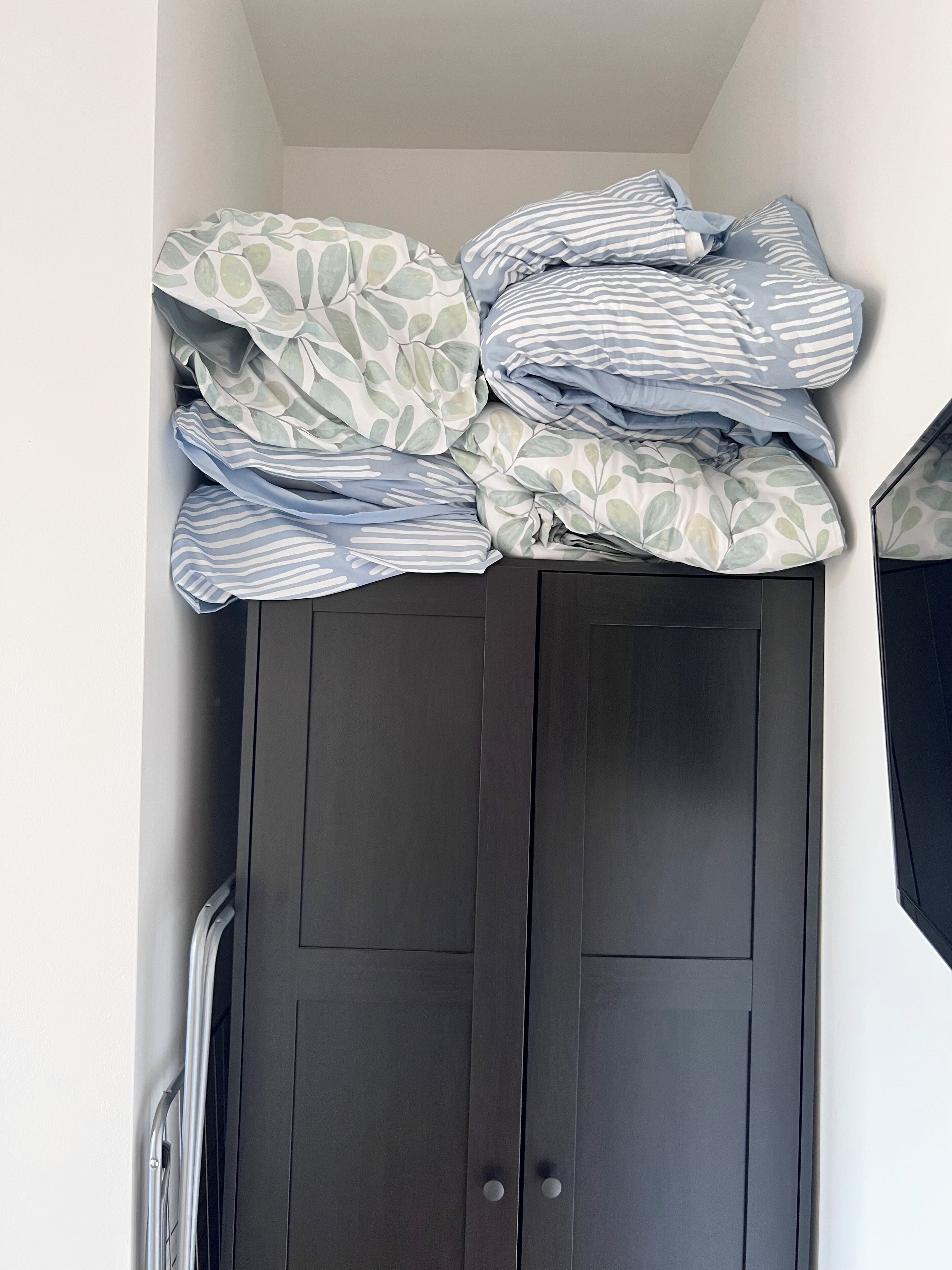 Une armoire en bois sombre, dotée de deux portes apparentes et d’un miroir partiellement visible.