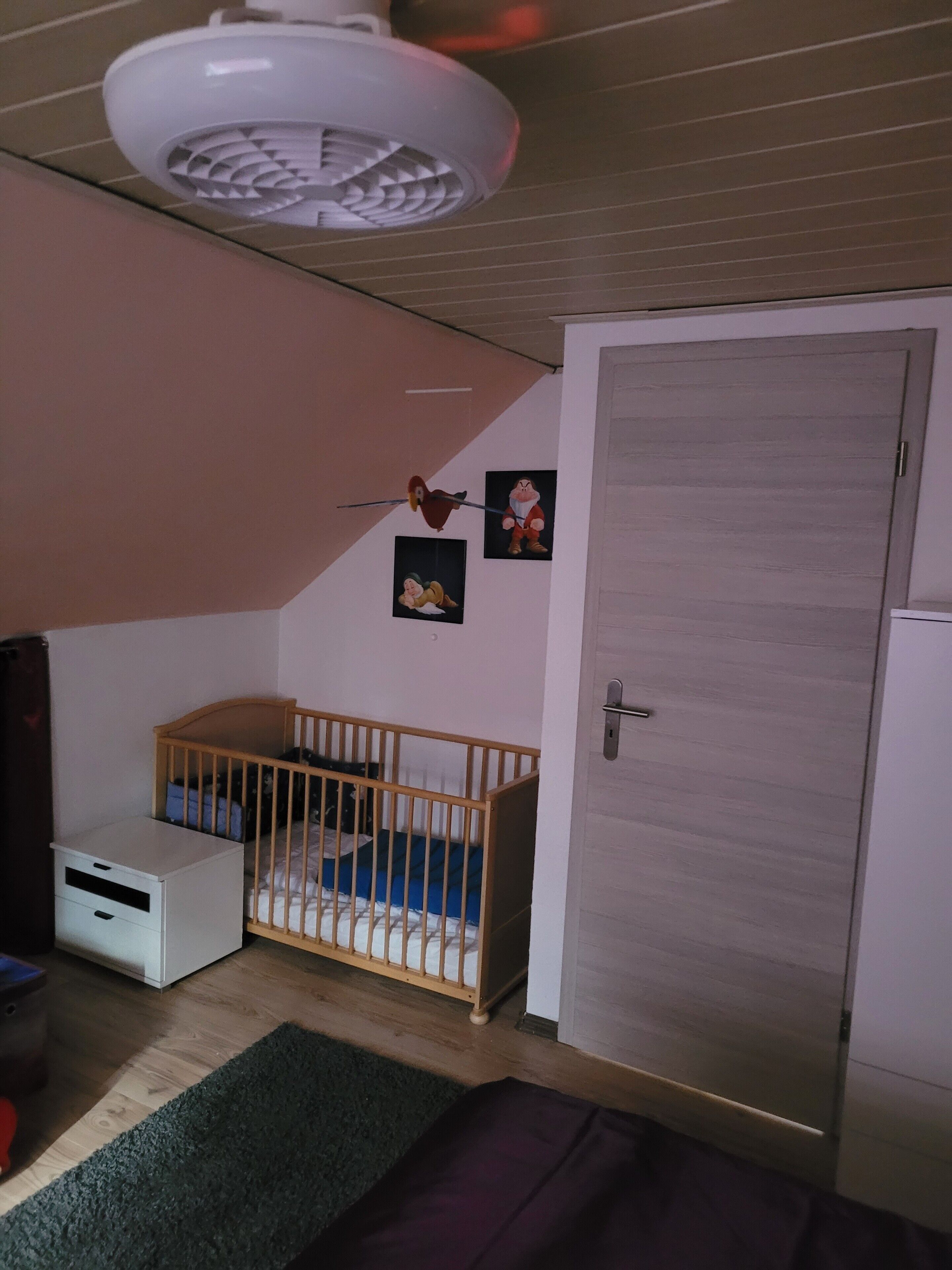 Une pièce avec un berceau, une porte, un ventilateur de plafond et des décorations murales.