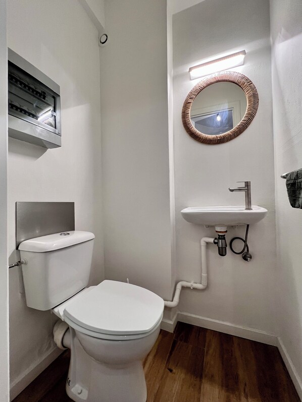 A bathroom with a toilet, a sink, and a mirror. - Cozy fully equipped center Liege for 4 (Liège)