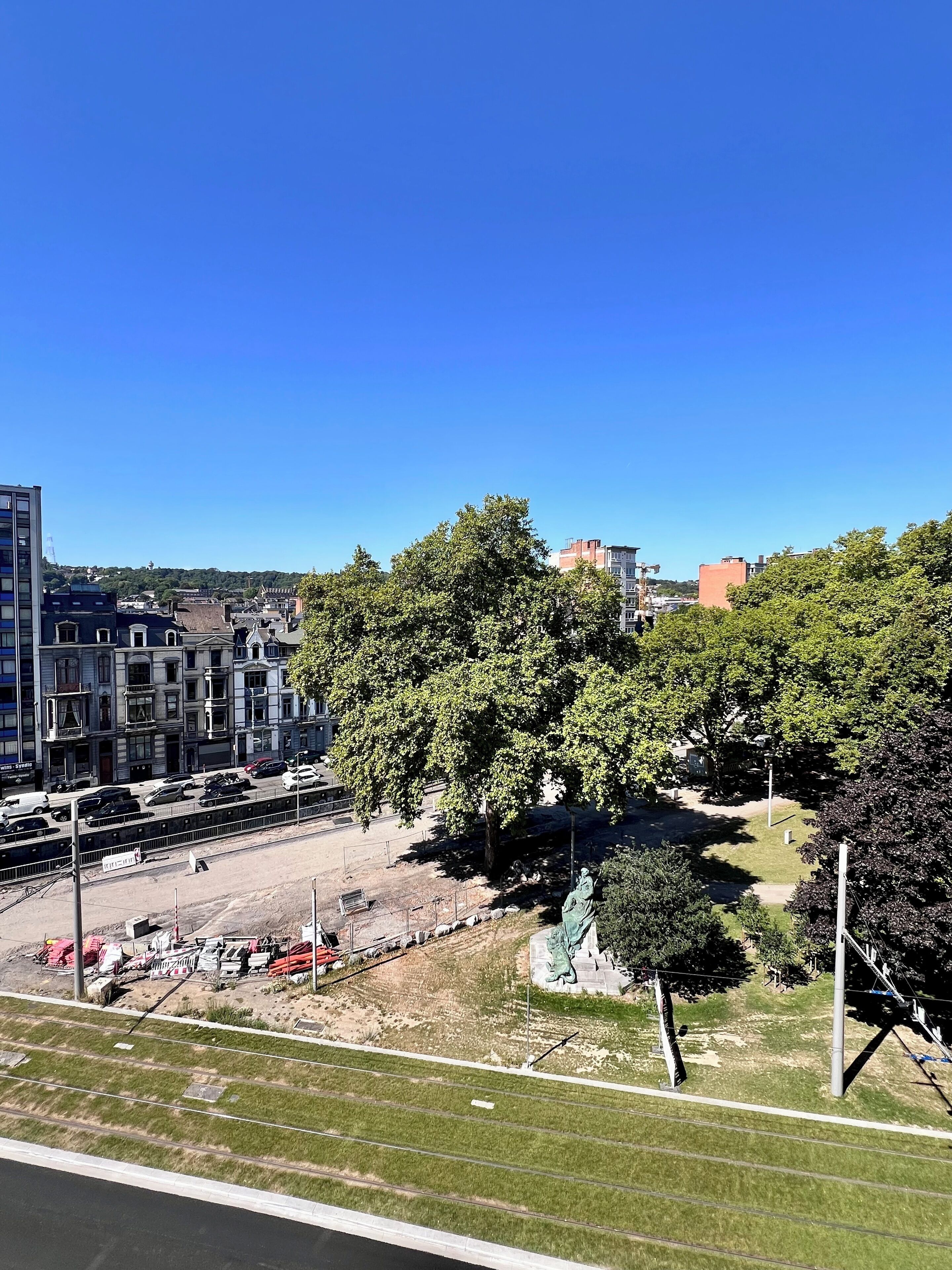 Une vue urbaine avec un grand arbre, une statue et un chantier de construction.