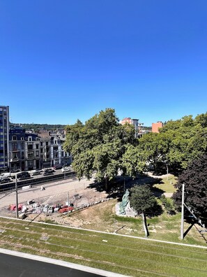 A cityscape with a large tree, a statue, and a construction site. - Cozy fully equipped center Liege for 4 (Liège)